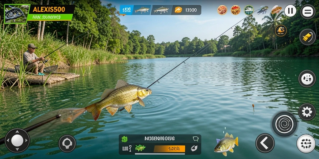 Gameplay ALEXIS500 yang penuh warna dan interaktif saat memancing.