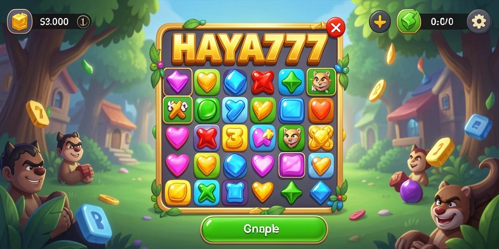 Screenshot HAYA777 menunjukkan gameplay Match-3 yang seru dan penuh warna.
