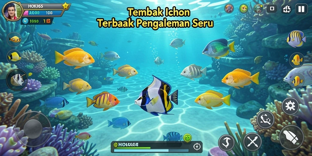 Screenshot gameplay HOKI65 dengan ikan beragam dan aksi tembak yang seru.