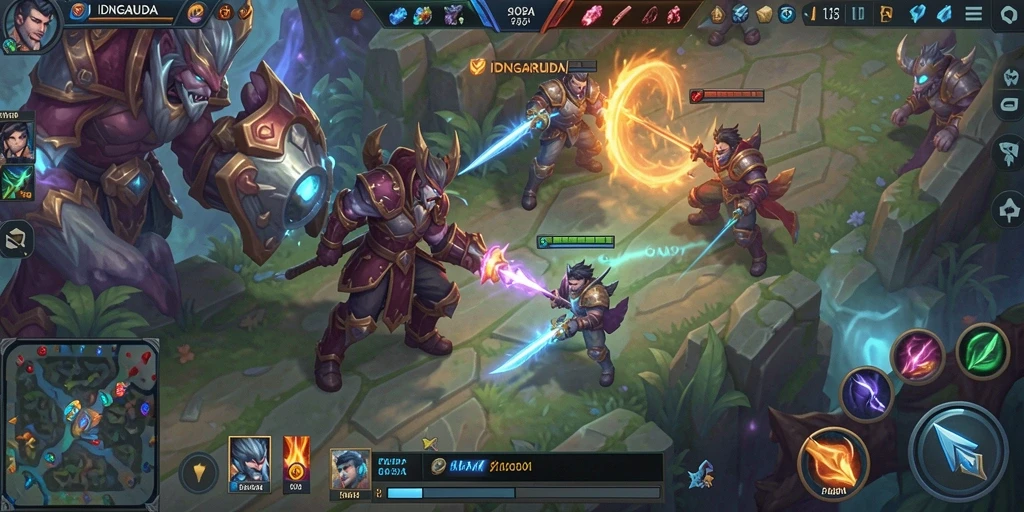 Tampilan aksi gameplay menarik dari IDNGARUDA dalam arena MOBA.