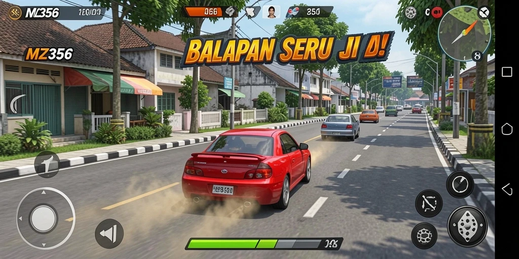 Tampilan gameplay seru dalam MZ356, menampilkan aksi balapan yang mendebarkan.