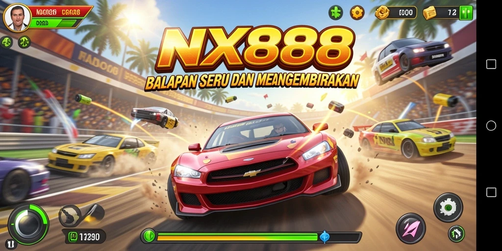 Screenshot NX888 menampilkan aksi balapan mendebarkan dengan kendaraan cepat.