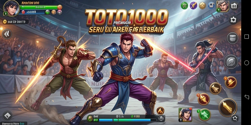 Gameplay TOTO1000 dengan karakter dan arena pertarungan.